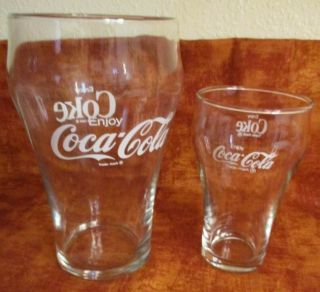 Vintage Coca Cola Coke 32oz Lg & 12 Oz Sm Bell Drinking Glass 2 Sided Logo