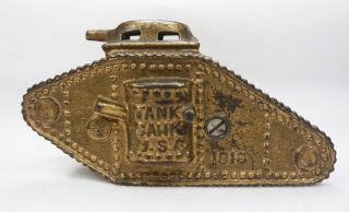Vintage Cast Iron Coin Tank Bank WW 1 era gold paint 2