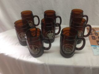 Vtg Bicentennial 1976 Brown Glass Mug Glass Set Of 8 Designs - Here 