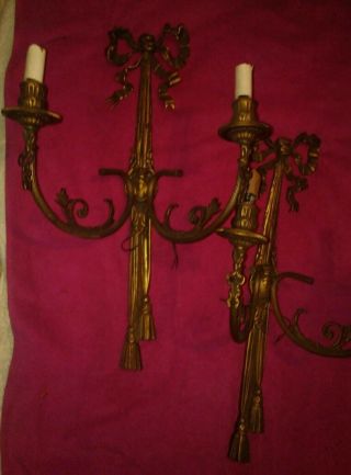 Pair 2 Antique Ornate Brass Electric Wall Sconce Double Arm 2 Candle Lamp Light