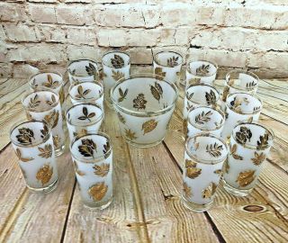 Vtg 16 Frosted Libbey Cocktail Glasses And Ice Bucket With Gold Leaves Pattern