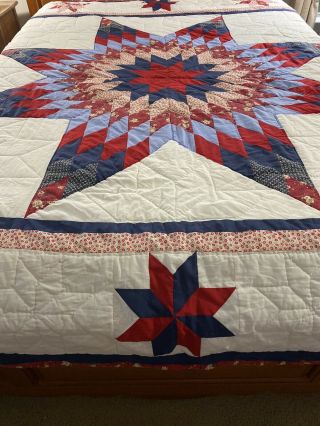 Stunning Colorful Vintage Hand Quilted Lone Star Quilt 100 " X 92 "