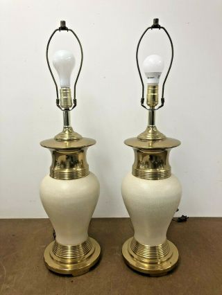 Vintage Table Lamp Pair Mid Century Modern Brass Ceramic Hollywood Regency 1960s
