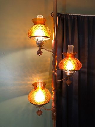 Vtg.  Tension Pole Lamp 3 Light Hobnail Amber Glass Shades 3 Way Switch