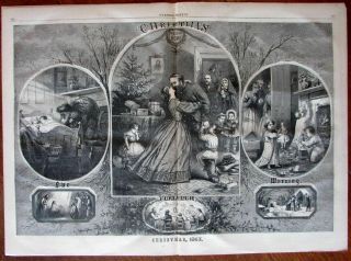 Christmas Nast Santa Claus Visiting Children 1863 Civil War Wood Engraved Print