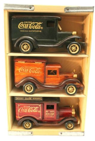 3 Coca - Cola Wooden Delivery Trucks In Crate Case,