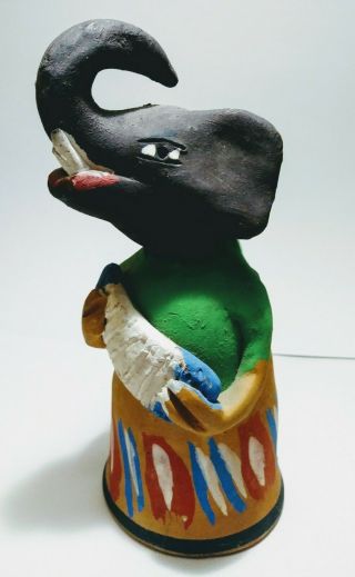 Vintage Mexican Pottery Bell Folk Art Elephant Musician Signed Josefina Aguilar