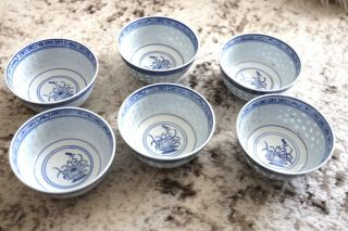 6 Bowls Rice Grain Ware Jingdezhen Chinese Porcelain Blue White Vintage