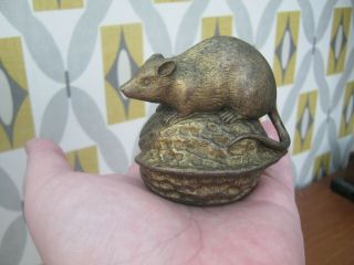 Bronze Oriental Statue - Okimono Rat Sat Upon A Walnut