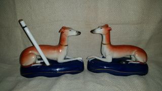 Pair Antique Staffordshire Pottery Whippet Greyhound Dog Quill Holder Inkwells