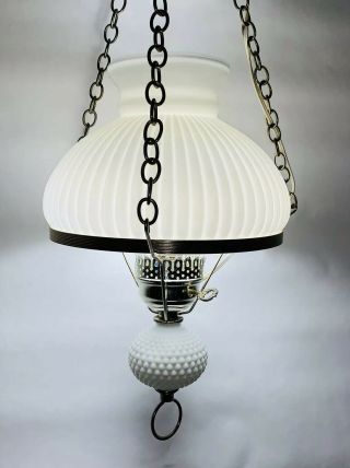 Vintage Hobnail White Milk Glass Hurricane Globe Hanging Lamp Light W Chain