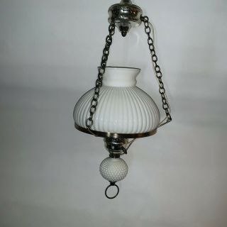 Vintage Hobnail White Milk Glass HURRICANE GLOBE HANGING LAMP Light W Chain 2