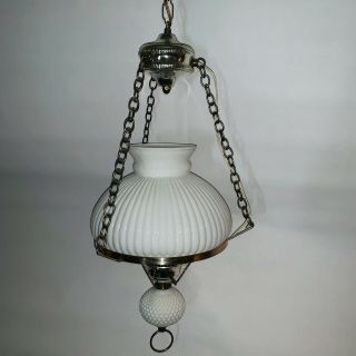Vintage Hobnail White Milk Glass HURRICANE GLOBE HANGING LAMP Light W Chain 3