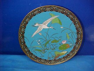 19thc Japanese Meiji Period Cloisonne Bronze Charger W Flying Crane,  Lily Pad
