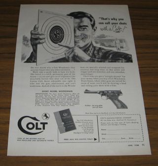 1954 Vintage Ad Colt Sport Model Woodsman.  22 Long Rifle Pistols Target