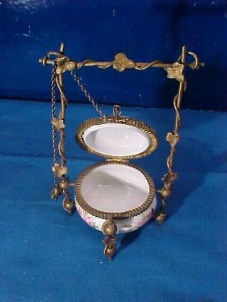 19thc Victorian Era Porcelain Hand Painted Ring Box In Frame W Lift Top Chain
