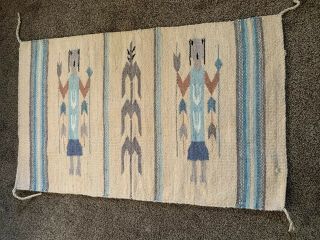 Vintage Navajo Hand Woven Wool Rug Yei Bi Chei Dancers Canvas Mounted 38.  5x24