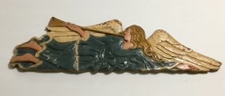Vintage Painted Wood Flying Angel Blowing Her Trumpet Wall Hanging.  22 " X 6 "