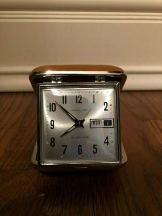 Vintage Hamilton Travel Alarm Clock In Hard Leather Case - - Looks Ln