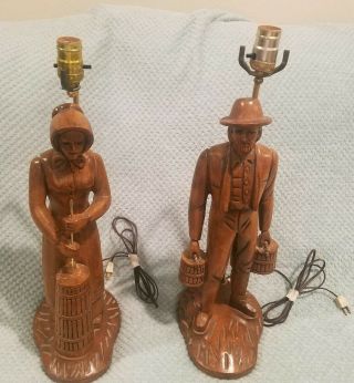 Vintage Hand Carved Folk Art Table Lamp Woman With Butter Churn Man And Buckets