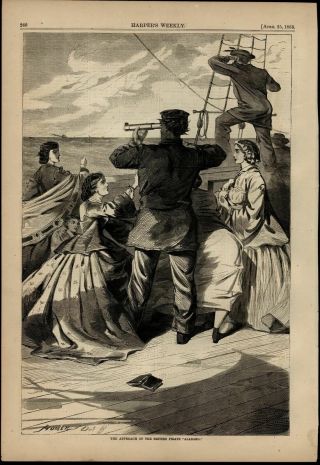 Winslow Homer Approach Pirate Ship Alabama 1863 Civil War Wood Engraved Print