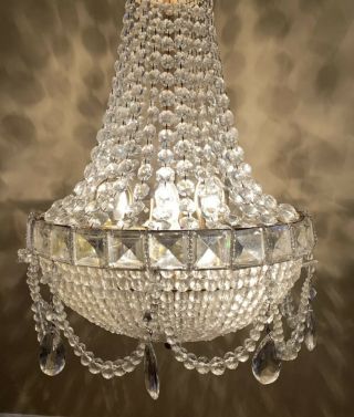 Antique French Empire Brass Czech Crystal Beaded Basket Balloon Chandelier