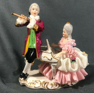 Vintage Dresden Porcelain Lace Figurine Musical Couple Flute Piano Germany