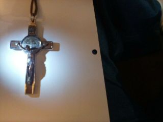 St.  Benedict Crucifix Nickel Plated W/ Inlaid Wood - 3 "