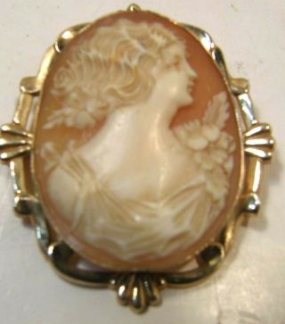 Vintage Esemco Carved Shell & 10k Yellow Gold Cameo Brooch Pin Art Deco Woman