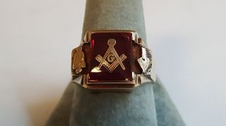 Vintage 10k Gold 1940s Mens Masonic Ruby,  Arrow Ring Mount Size 9 3/4