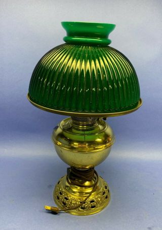 Antique Bradley & Hubbard Brass Electrified Oil Lamp With Cased Shade