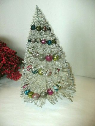 Vintage White Bottle Brush Christmas Tree,  Silver Glitter,  Mercury Glass Garland