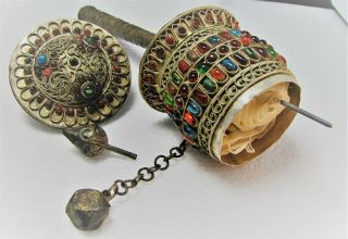 Old Tibetan Prayer Wheel Hand Held 180 Stones W/ Mantra Paper