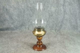 Vintage Wood And Brass Candle Holder With Glass Chimney Hurricane
