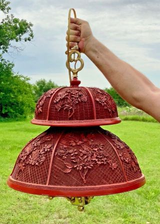 Vtg Antique Chinese Carved Lacquer Cinnabar Hanging 8 Light Fixture Chandelier