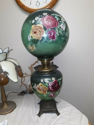 32 " W 14 " Globe Antique Victorian Oil Lamp Pink Floral 3 Way Gwtw Hand Painted