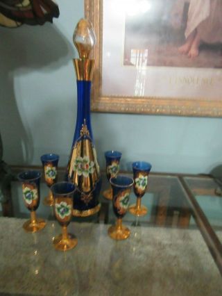Vintage Italian Cobalt Blue Glass Gold Leaf Decanter 6 W/goblets