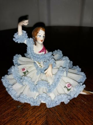 Antique Dresden Germany Blue White Lace Flowers Ballerina Figure Cond
