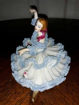 ANTIQUE DRESDEN GERMANY BLUE WHITE LACE FLOWERS BALLERINA FIGURE COND 2