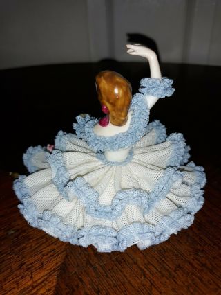 ANTIQUE DRESDEN GERMANY BLUE WHITE LACE FLOWERS BALLERINA FIGURE COND 3