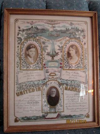 Framed 1926 Wedding Certificate Copyright 1890 By H M Crider York Pa