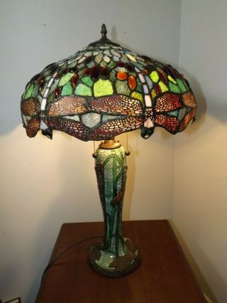 Incredible Vintage 1980s Dale Meyda Tiffany? Stained Glass Dragonfly Table Lamp