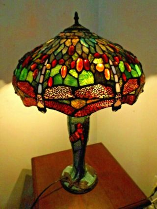 Incredible Vintage 1980s Dale Meyda Tiffany? Stained Glass Dragonfly Table Lamp 2