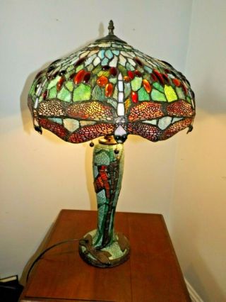 Incredible Vintage 1980s Dale Meyda Tiffany? Stained Glass Dragonfly Table Lamp 3