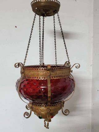 Large Antique Victorian Jeweled Hanging Oil Lamp W Rare Cranberry Glass Shade