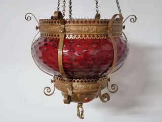 LARGE ANTIQUE VICTORIAN JEWELED HANGING OIL LAMP W RARE CRANBERRY GLASS SHADE 2