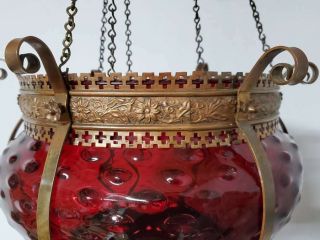 LARGE ANTIQUE VICTORIAN JEWELED HANGING OIL LAMP W RARE CRANBERRY GLASS SHADE 3