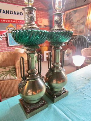 Vtg Pair 2 Brass Urn Figural Lion Head Lamp Mid Century Table Lamps Emerald