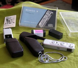 Vintage Minox B Subminiature Camera W/ Flash,  Cases,  Manuals,  Film Cassettes Box