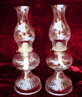 Vintage Pair Clear Eagle Glass Kerosene Oil Hurricane Lamps W/ Chimney Shades